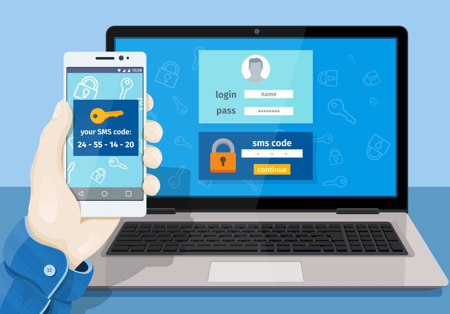 Illustration of a login on a laptop that also asks for an SMS code from the smartphone
