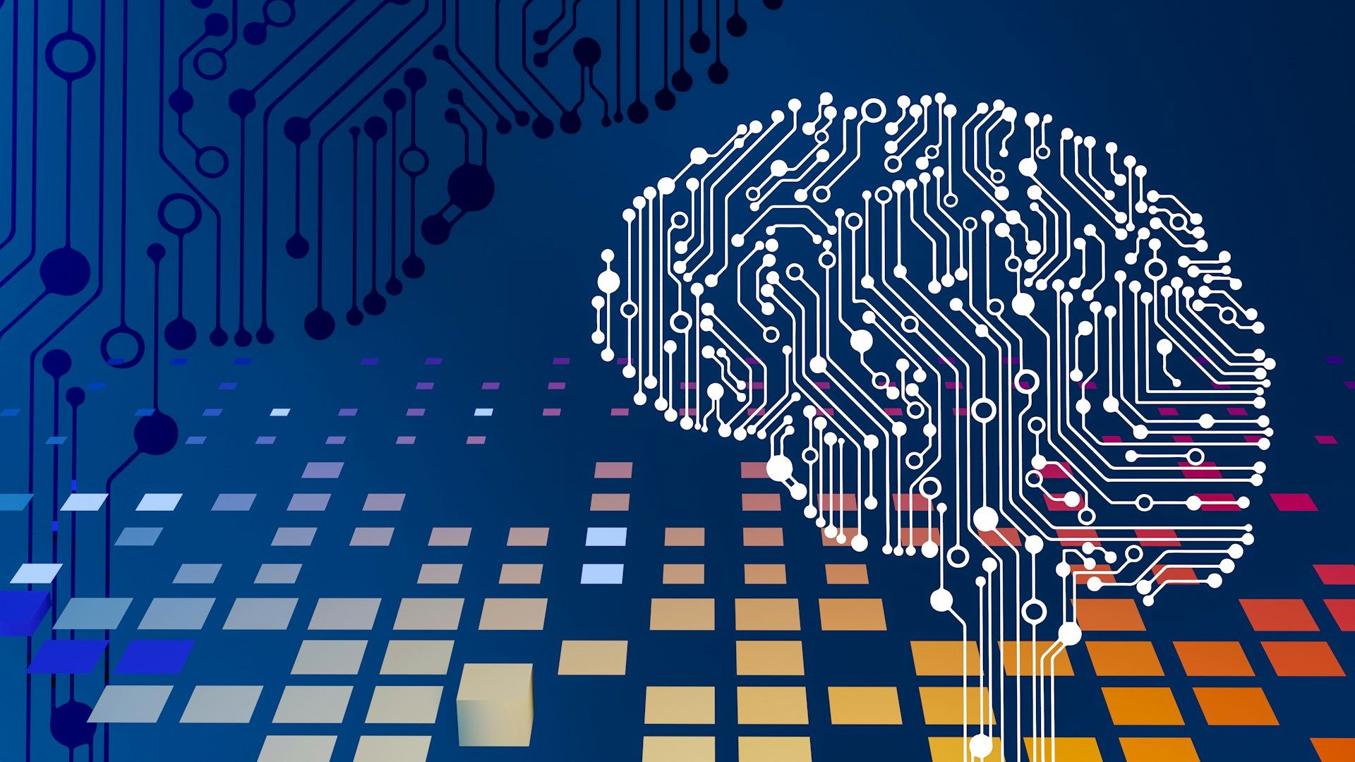 Graphic of a brain made of circuit tracks above coloured data points