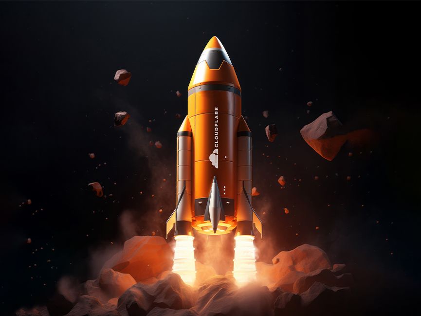 Rocket with the Cloudflare logo lifting off