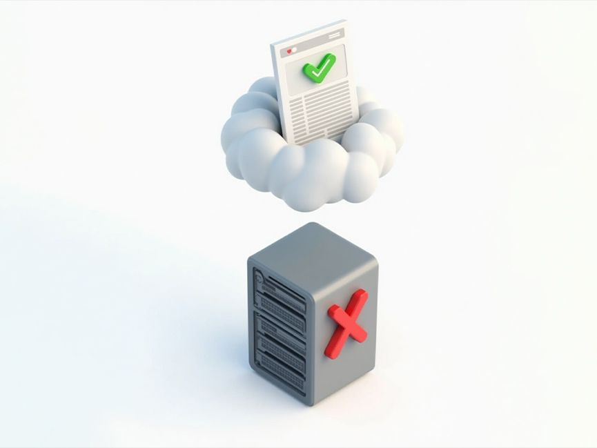 Server with a red cross, above it a cloud holding a web page with a green tick