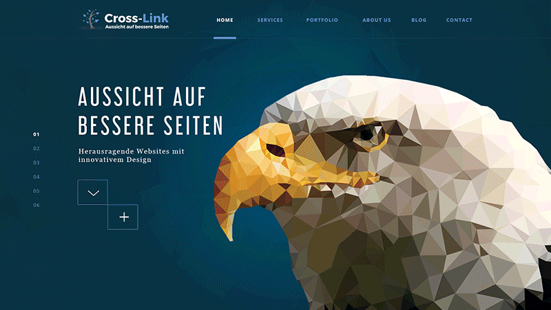 Animation showing many designs for the Cross-Link website one after another, for example with an eagle, a tree, arrows and the line «Aussicht auf bessere Seiten»