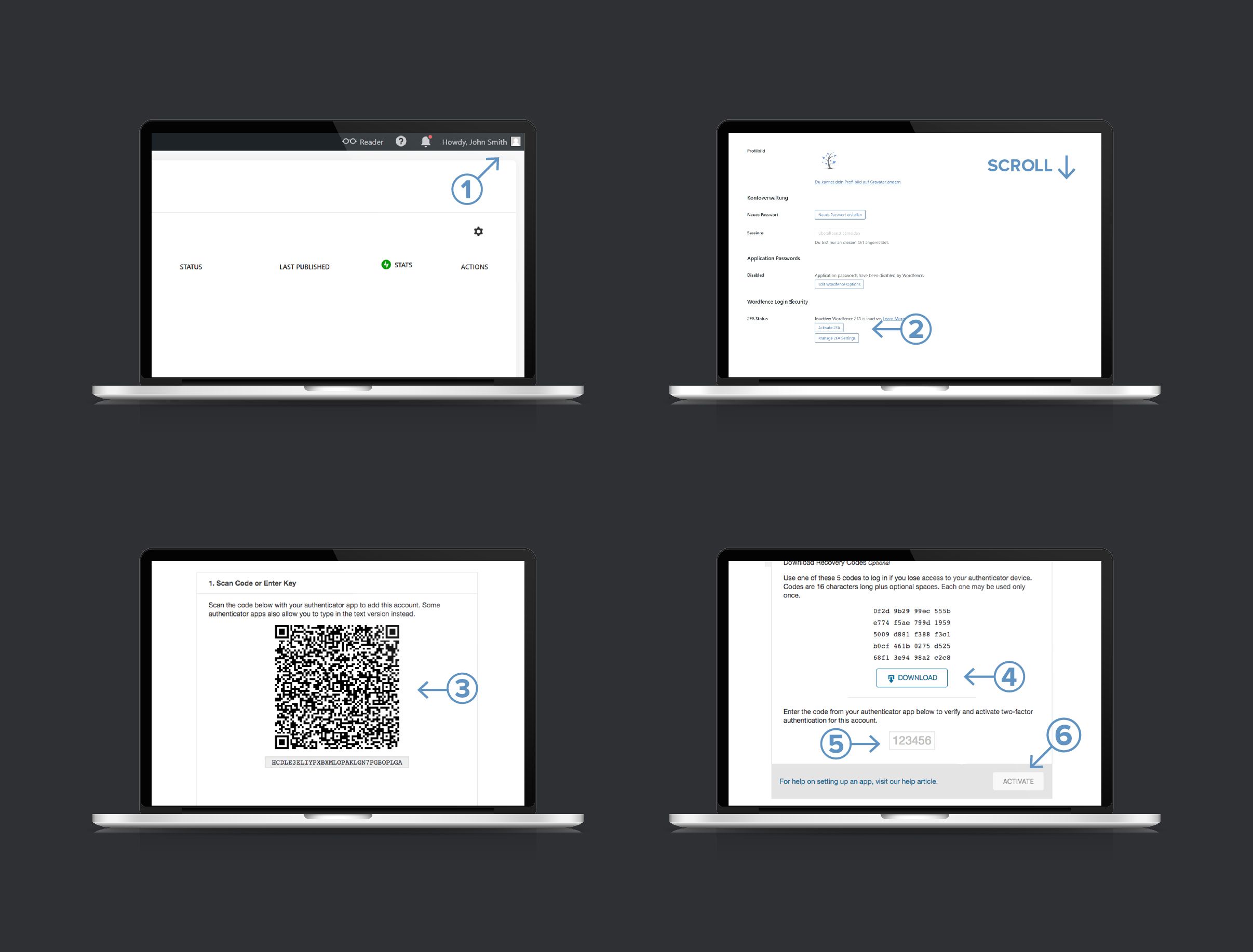 4 screenshots of the setup with the markers 1 to 6. 1 the user at the top right, 2 the 2FA section in the profile, 3 the QR code, 4 the download of the backup codes, 5 the field for the code, 6 the «ACTIVATE» button.