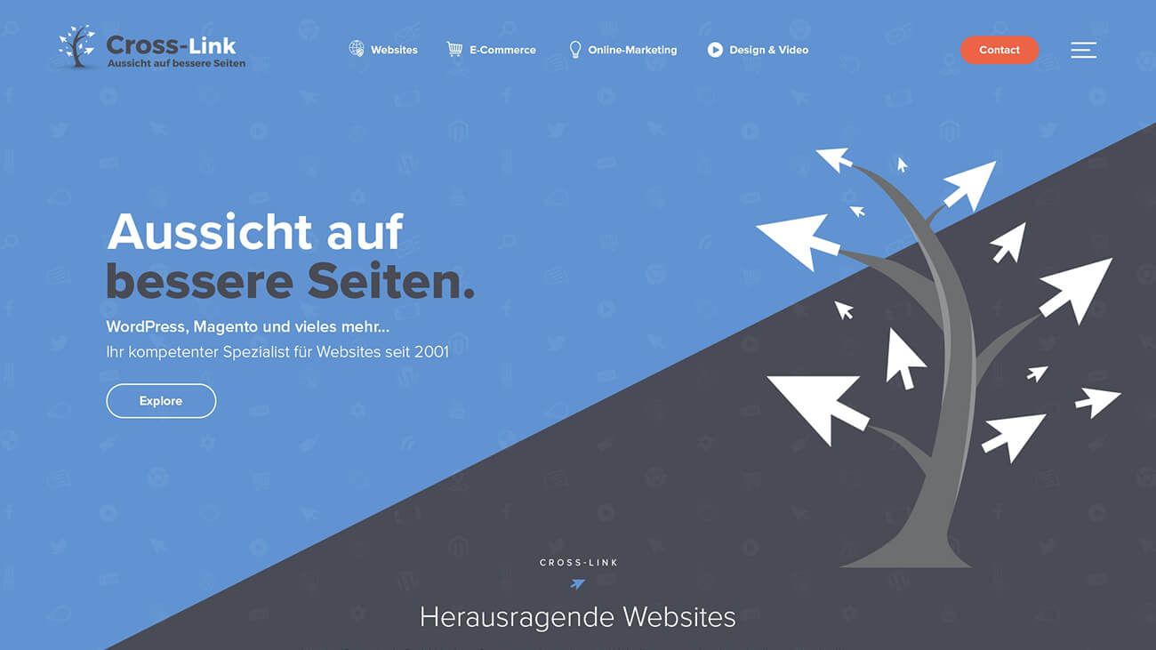 Home page design, blue and grey background, beside it a tree of white arrows and the line «Aussicht auf bessere Seiten»