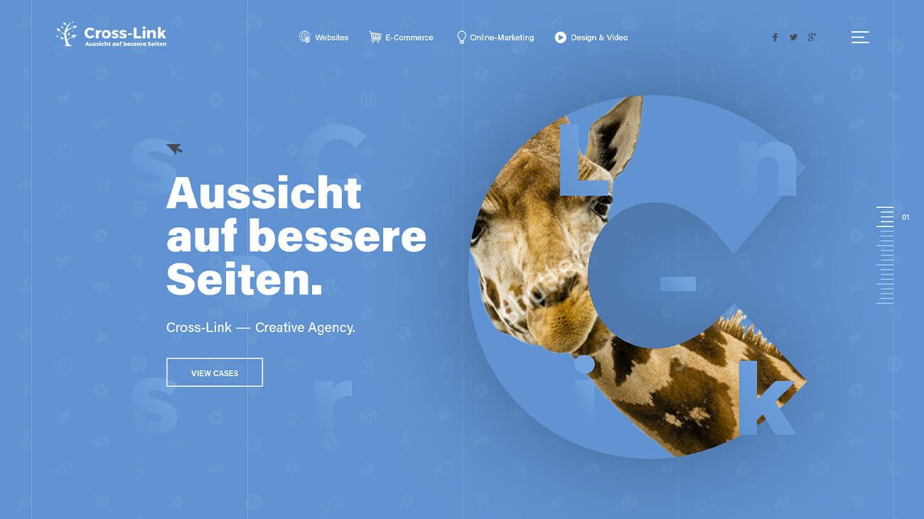 Home page design, a large blue C with a giraffe inside, beside it «Aussicht auf bessere Seiten»