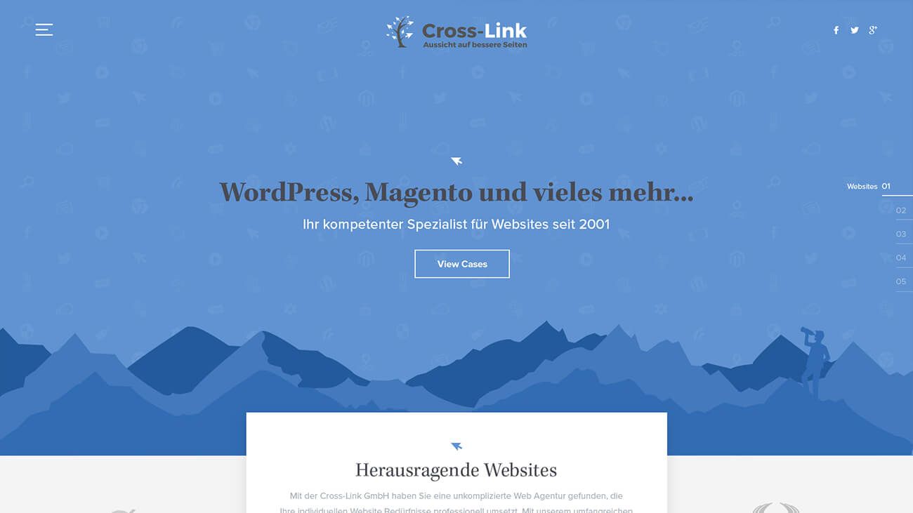 Home page design with a blue mountain backdrop and the line «WordPress, Magento und vieles mehr»