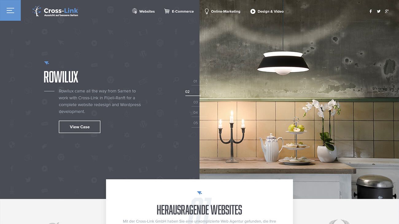 Design of a reference, on the left the text on Rowilux, on the right a photo of a kitchen with a lamp