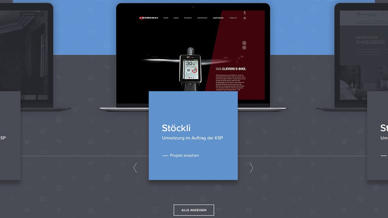 Design of a reference slider, in the middle the Stöckli website on a laptop