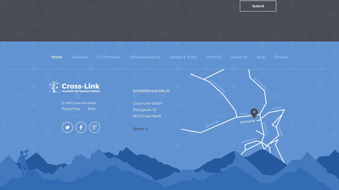 Footer design, blue background with navigation, address, social media buttons and a drawn map