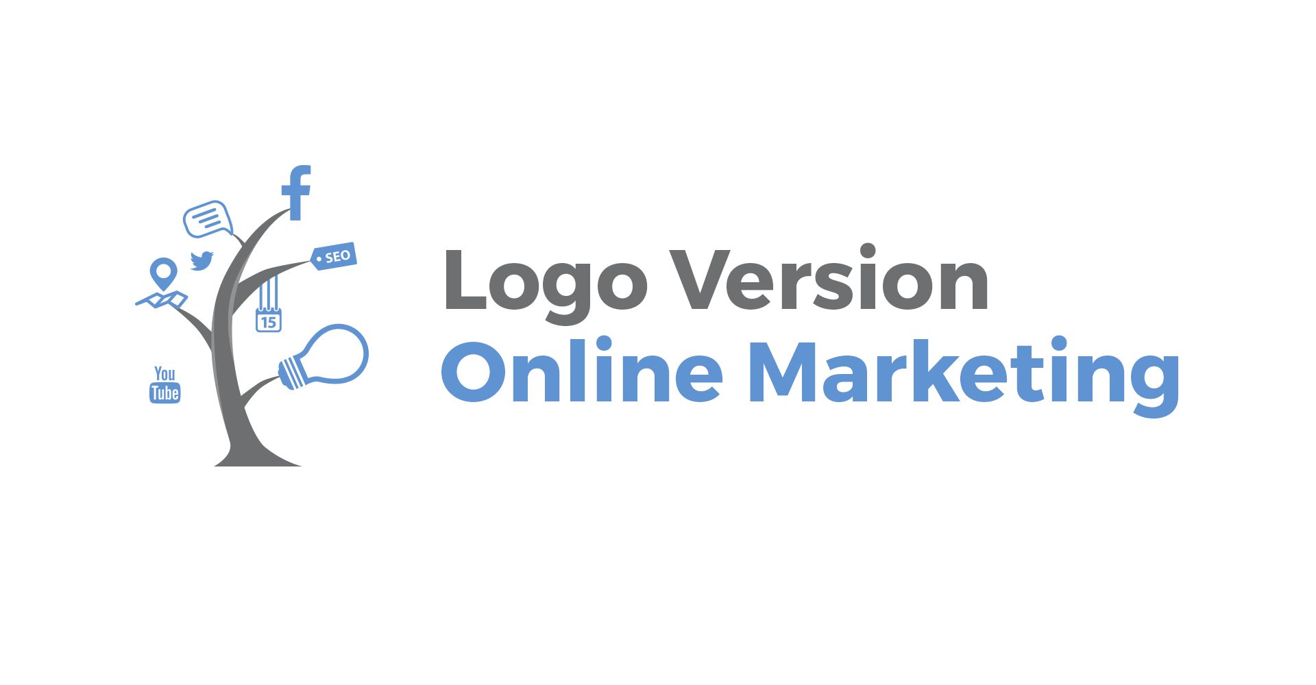 Logo version Online Marketing, the tree carries Facebook and YouTube marks, an SEO tag and a light bulb
