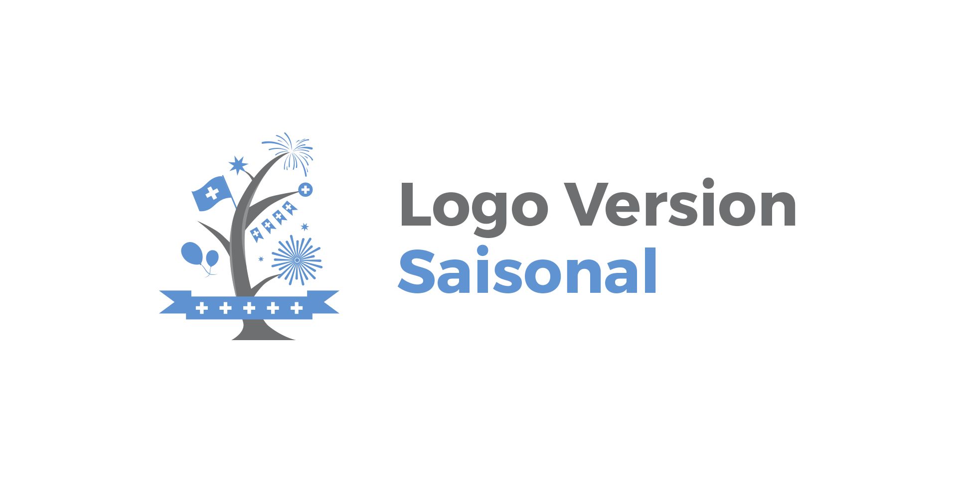 Seasonal logo version, the tree carries fireworks, a balloon and a ribbon with Swiss crosses
