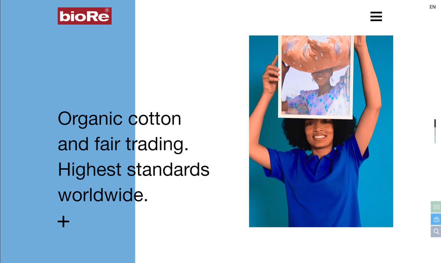 bioRe website with the line «Organic cotton and fair trading» and a woman holding a picture above her head