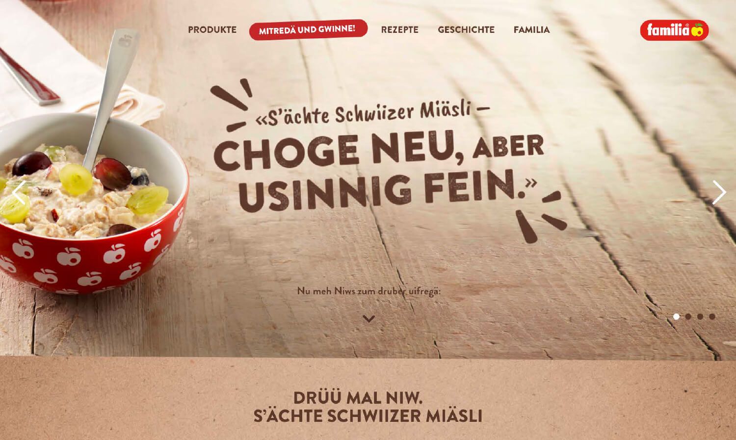 Home page of the familia website with a bowl of muesli on a wooden table