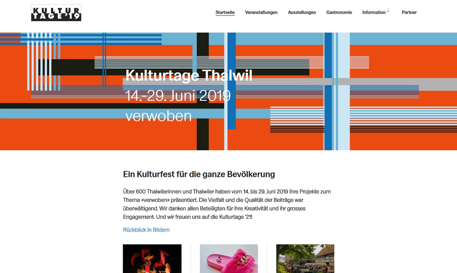 Home page of the Kulturtage Thalwil with a banner of coloured stripes