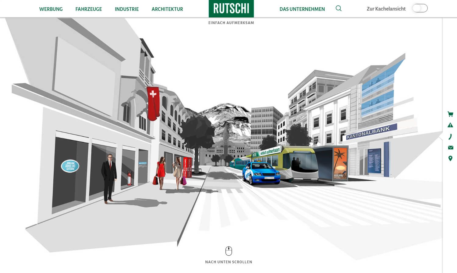 Home page of the Rutschi website with a drawn street scene