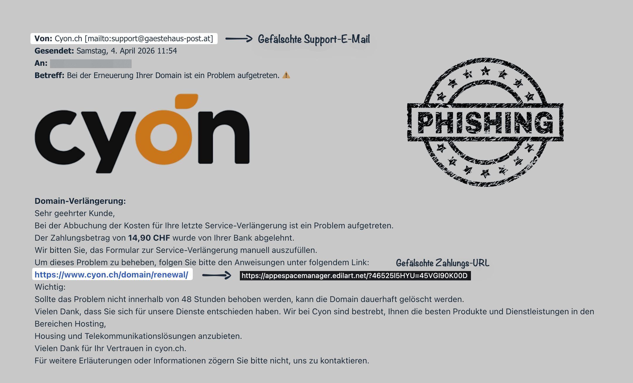 Fake email in the name of the host cyon. Marked are the sender, an unrelated support address, and the link, which leads to a different domain than the one shown.