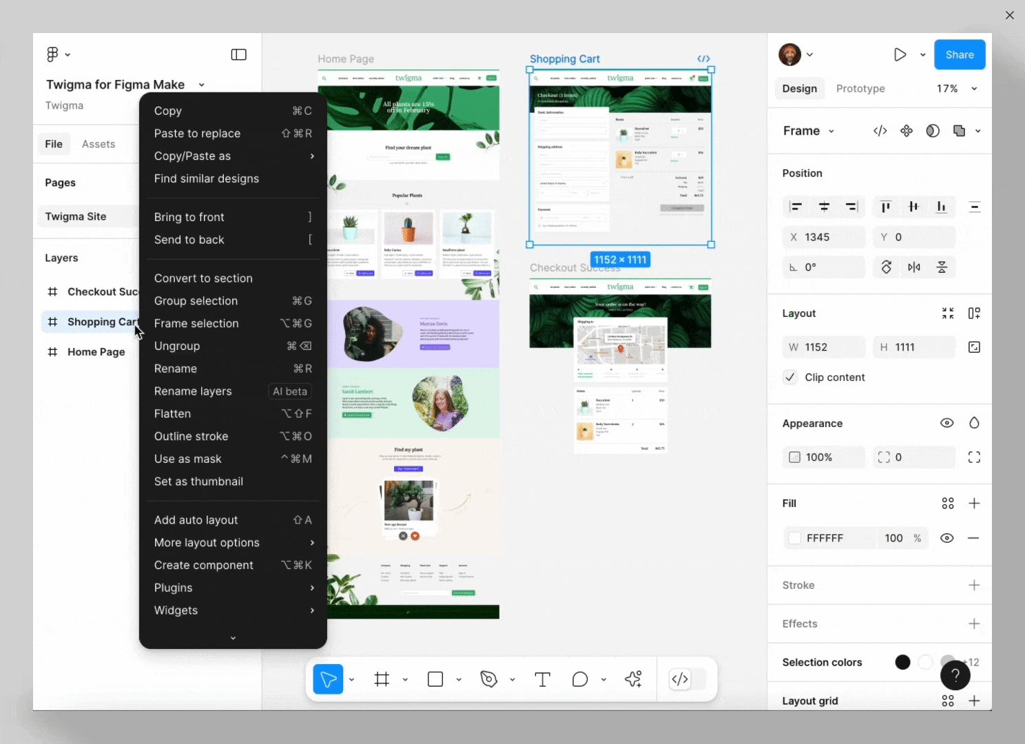 Screenshot of Figma Make with several generated pages of an online shop