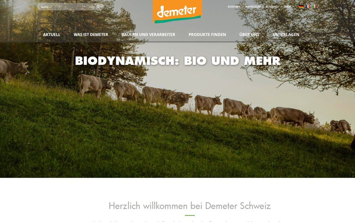 Home page of demeter.ch in 2018 with cows on a pasture