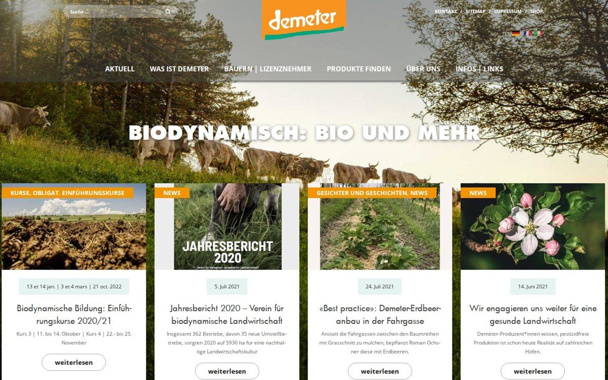 Home page of demeter.ch in 2021 with news cards