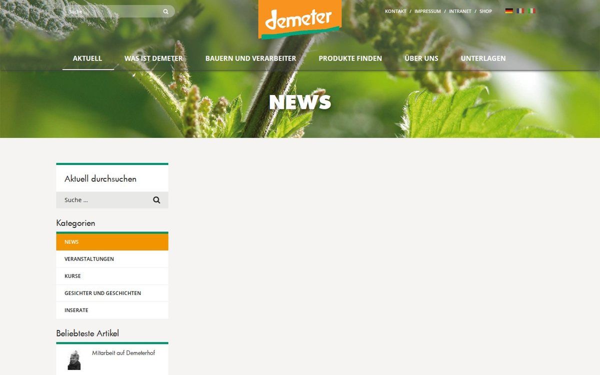 News page of the Demeter website with categories
