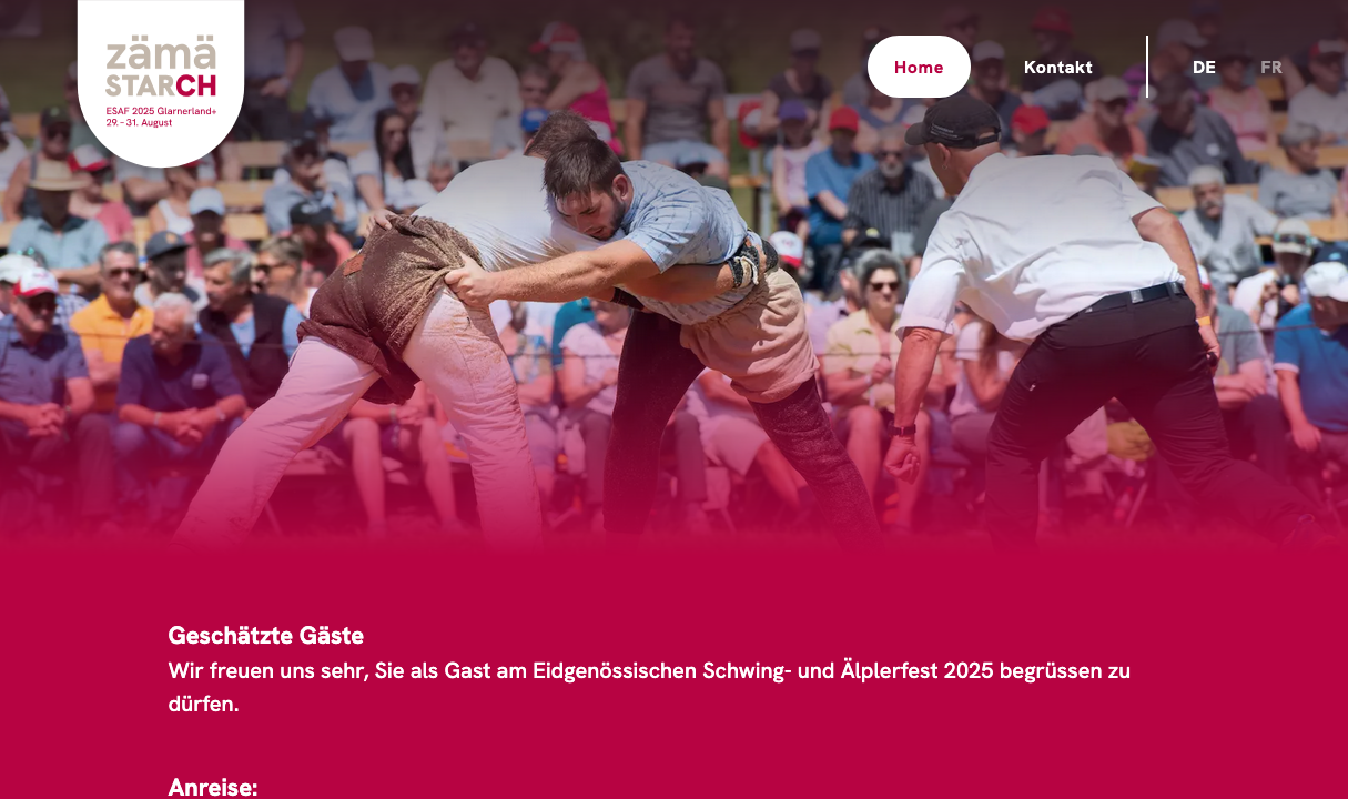 Home page of zämä starch with wrestlers in the sawdust and the welcome for the guests