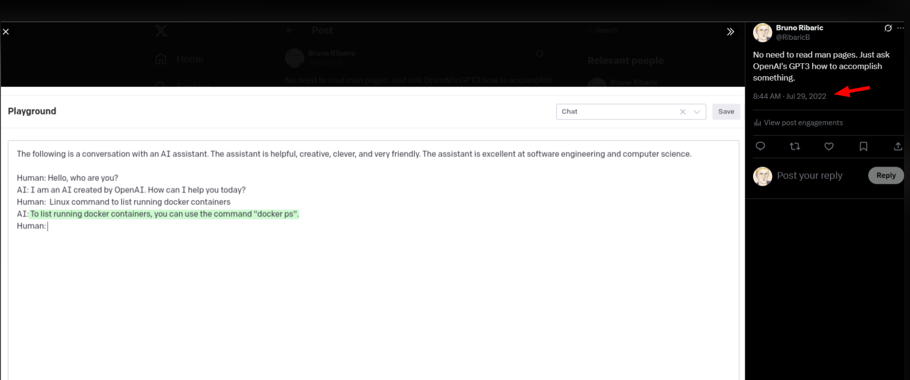 Bruno's post from 29 July 2022: the OpenAI playground answers a Linux question, four months before ChatGPT